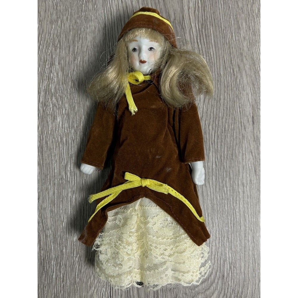 Vintage Bisque Porcelain & Cloth Body Dolll Blonde Victorian Brown Dress